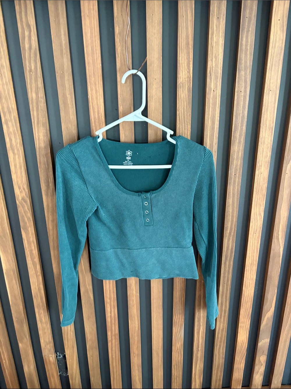 Aura Teal Ribbed Long-Sleeve Crop Top with Scoop Neck